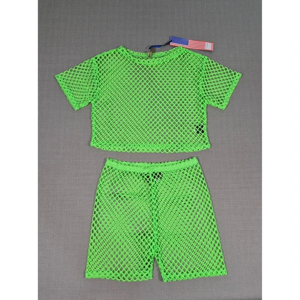 American Leisure Womens Neon Green Mesh Two Piece Set Crop Top Shorts Small NWT